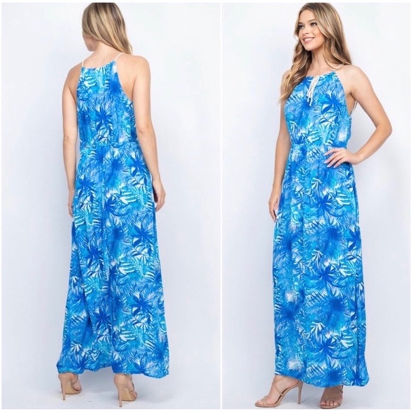 1 LEFT! Tropical Blue Leaves Women's Summer Beach Ocean Breeze Cute Maxi Dress - Picture 4 of 5